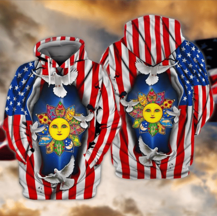 Hippie Sunflower And American Flags 3D Hoodie Gift for Men Friends - VK3D082