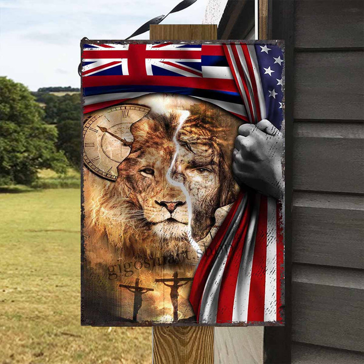 Time of Jesus Lion Hawaii USA Flag Metal Sign Outdoor Garden, Address Sign, Sign Rustic Décor House - MJL343