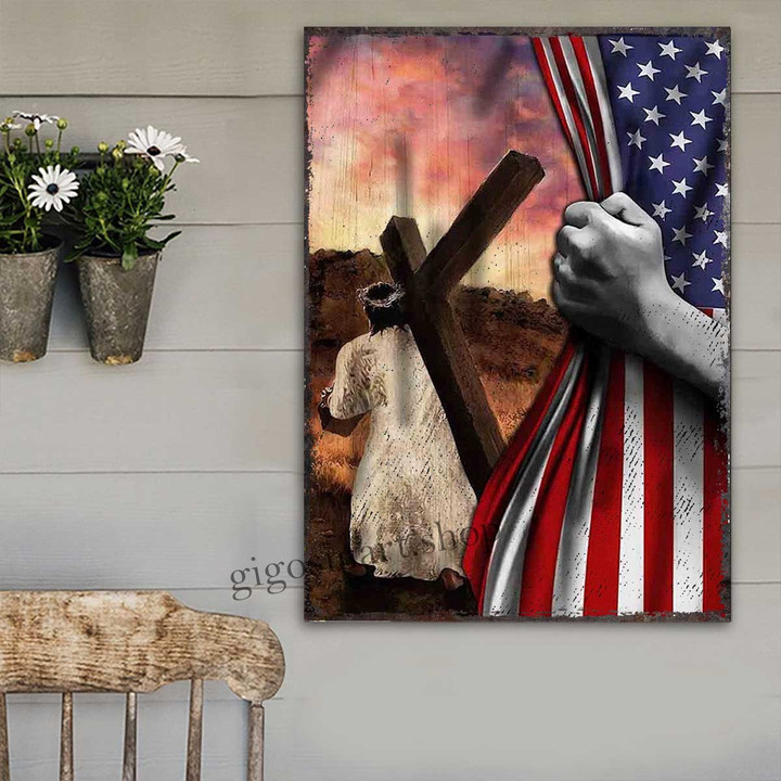 Christ Carrying the Cross USA Flag Metal Sign Outdoor Garden, Address Sign, Sign Rustic Décor House - MChrist349