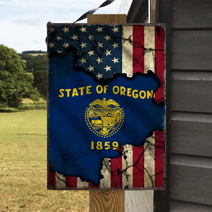 State of Oregon and USA Flag Metal Sign Outdoor Garden, Address Sign, Sign Rustic Décor House - MSO363