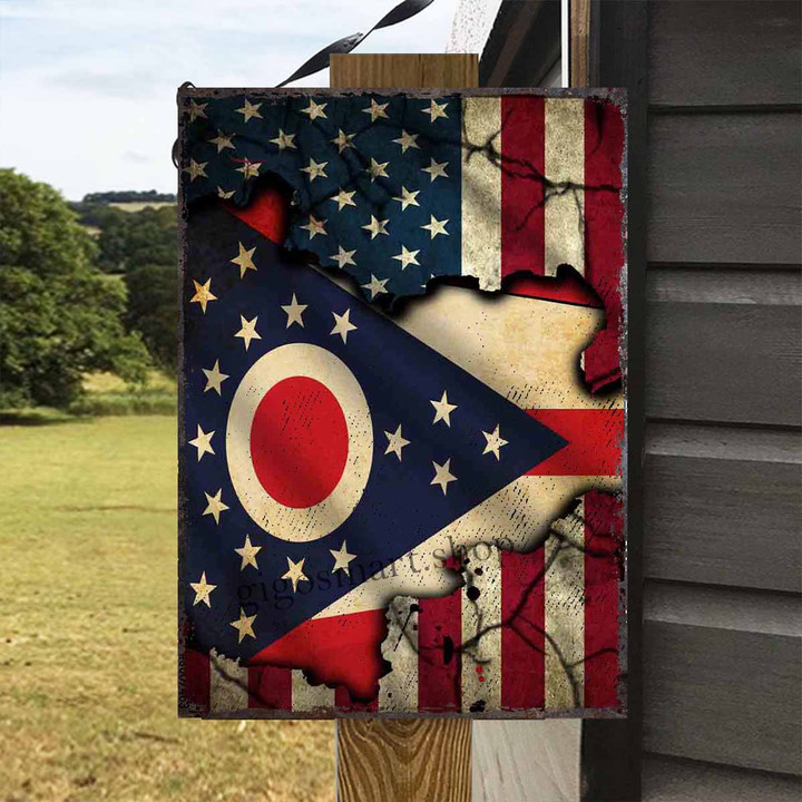 Ohio State of Oregon and USA Flag Metal Sign Outdoor Garden, Address Sign, Sign Rustic Décor House - MOhio365