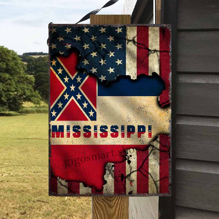 Mississippi State and USA Flag Metal Sign Outdoor Garden, Address Sign, Sign Rustic Décor House - MMS374
