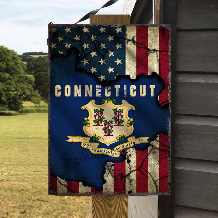 Connecticut State and USA Flag Metal Sign Outdoor Garden, Address Sign, Sign Rustic Décor House - MConnecticut390