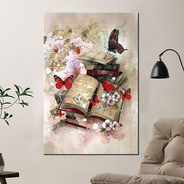 Red Butterflies And Books Poster Canvas Home Décor Gifts For Men Women