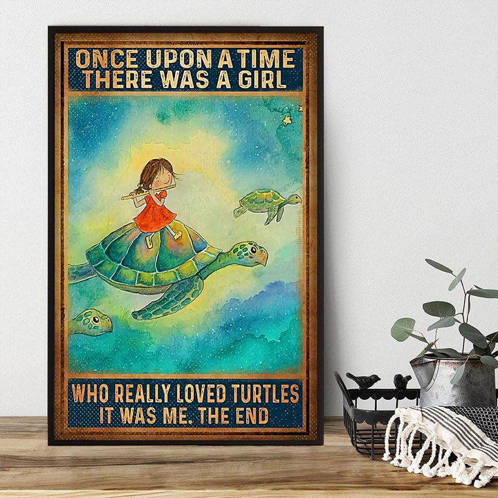 Girl Sitting On Turtle Poster - A Girl Loves Turtle Canvas Home Décor Birthday Christmas Gifts For Kids Children Girl