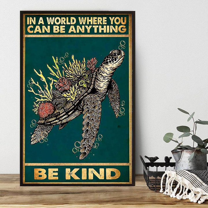 Turtle With Coral On Back Poster - Be Kind Canvas Home Décor Gifts For Men Women