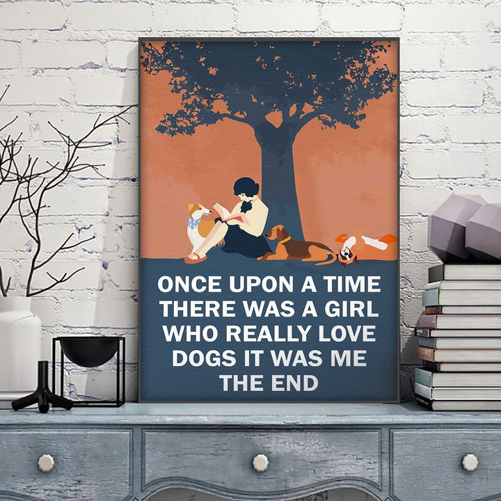 Young Girl Reading With Dog Poster - A Girl Loves Dogs And Book Canvas Home Décor Birthday Christmas Gifts For Girl Daughter Niece