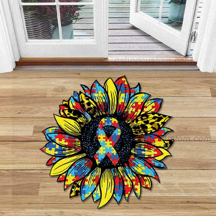 Sunflower Autism Awareness Month Be Kind Shaped Doormat Rug - Sunflower Puzzel Doormat Home Decor - SDM-A006