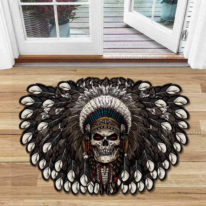 Native Skull Tattoo Indian Warrior Shaped Doormat Rug - Native Skull Decor Doormat - SDM-A009
