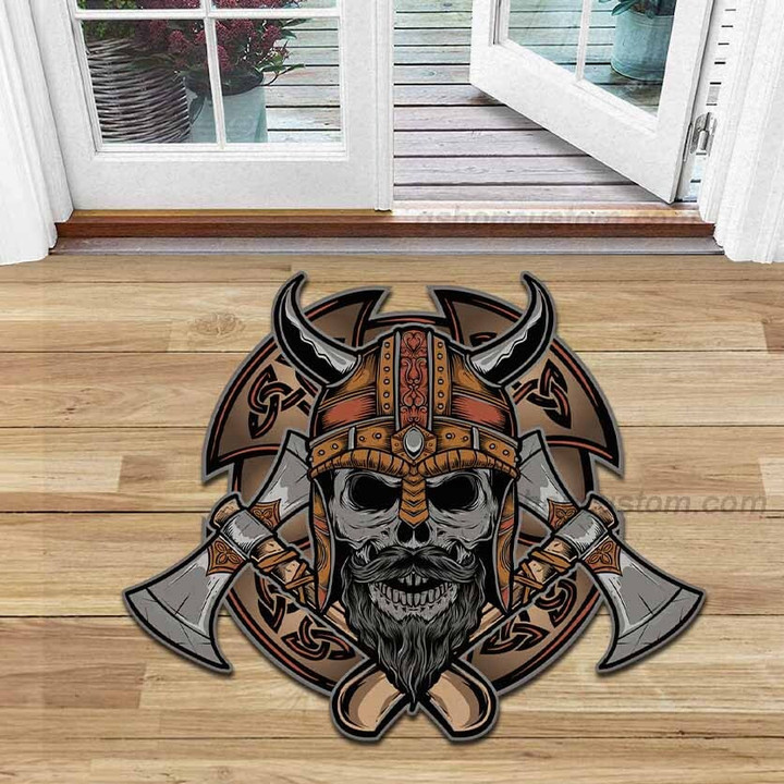 Skull Viking Warrior Axe Shield Rug Shaped Doormat Father Day 2022 - Viking Nordic Culture Vintage Decor Outdoor Mats Carpet - SDM-VK0049