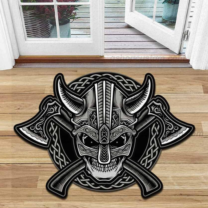 Devil Viking Skull Warrior Axe Rug Shaped Doormat - Viking Nordic Culture Vintage Decor Home Mats Carpet - SDM-VK0052