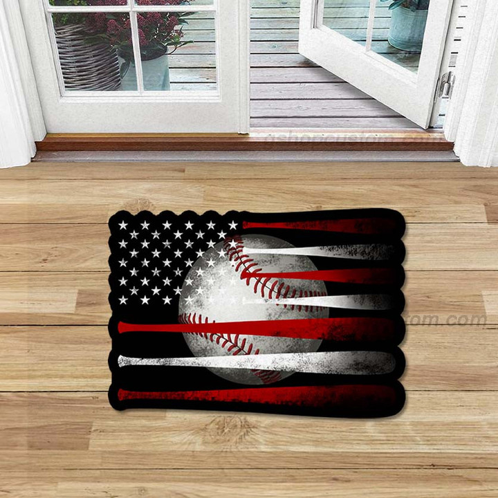 USA Flag Baseball Bat Line Shaped Doormat Carpet - Baseball Sport America Flag 4th Of July 3D Rug Doormat Decor Home - SDM-A0075