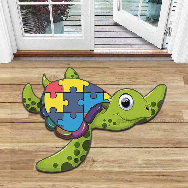 Turtle Puzzle Autism Awareness Shaped Doormat Carpet - Turtle Ocean Beach Lover 3D Rug Doormat Decor Home - SDM-A0082