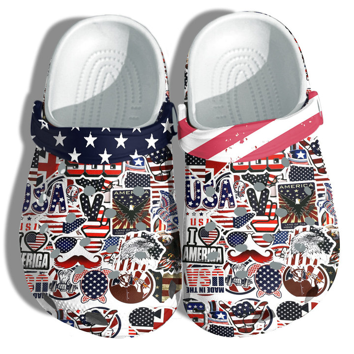 Sticker Veterans 4th Of July Clog Shoes Shoes Gift Men Father Day - Worker America Flag Strong Eagle Hawk Clog Shoes Shoes Gift Son- GOS2158