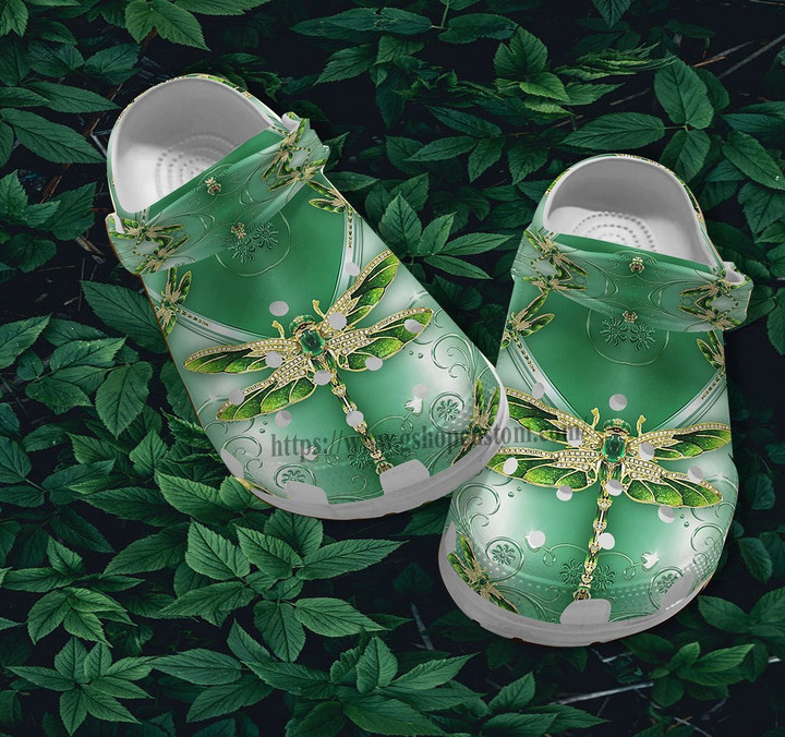 Dragonfly Golden Jade Green Twinkle Croc Shoes Gift Grandaughter- Dragonfly Shoes Croc Clogs Gift Mother Day- CR-NE0399 - Gigo Smart