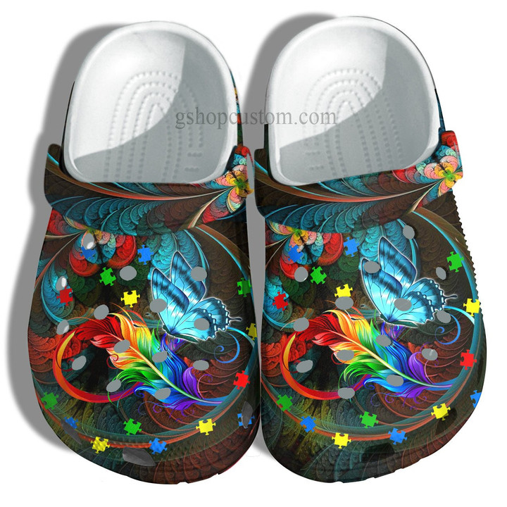 Butterfly Memory Rainbow Feather Crocs Shoes - Butterfly Autism Awareness Puzzel Shoes Croc Clogs Gifts Mother Day - CR-NE0036 - Gigo Smart