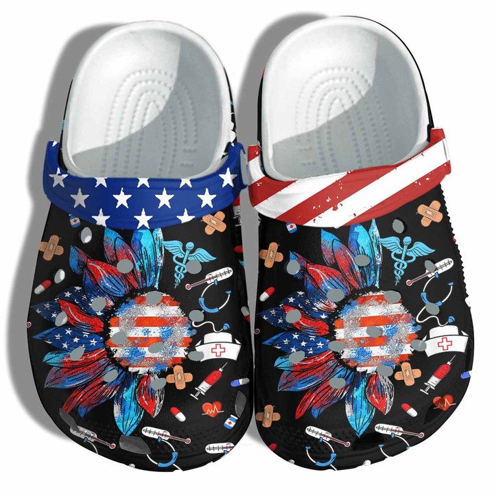 Nurse Sunflower 4th Of July Black Clog Shoes Shoes Gift Step Mom- Nurse Life America Flag US Doctor Clog Shoes Shoes Labor Day Gift - GOS2115
