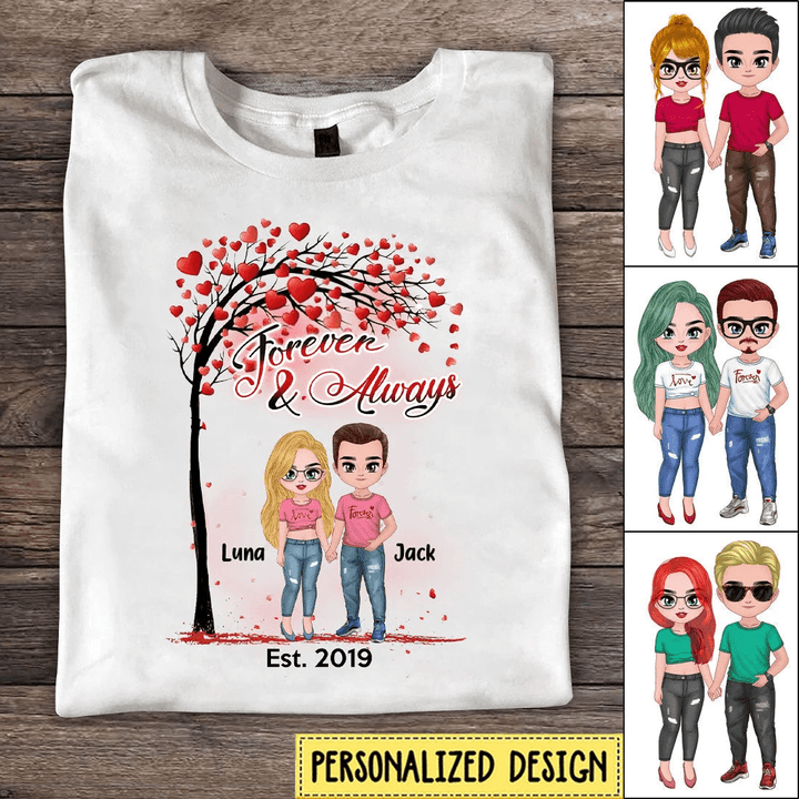 Forever & Always Dorin Personalized Doll Couple Sitting Valentine's Day Heart Tree Dorin T-shirt NVL13JAN22SH3