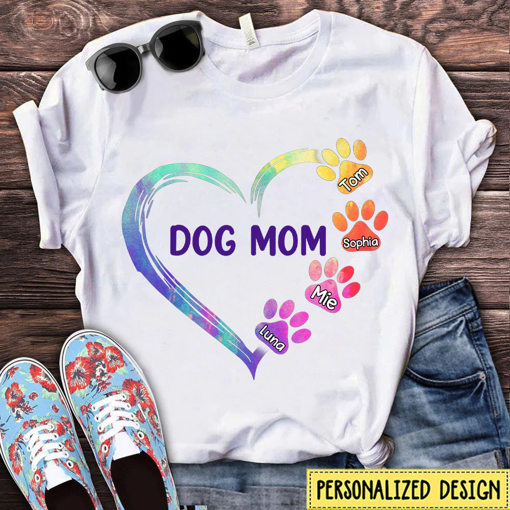 Dog Mom Color Paw Prints Dorin Personalized Heart Shirt NVL09FEB22SH1