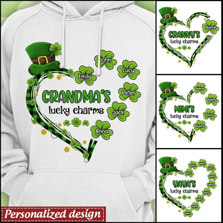 Grandma's Lucky Charm with Grandkids Name Hoodie, Patrick's Day Gift for Mom, Mimi NLA21JAN22TP1