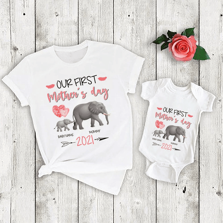 Personalized Our First Mother's Day Mommy And Me Matching Shirt Elephant Onesie