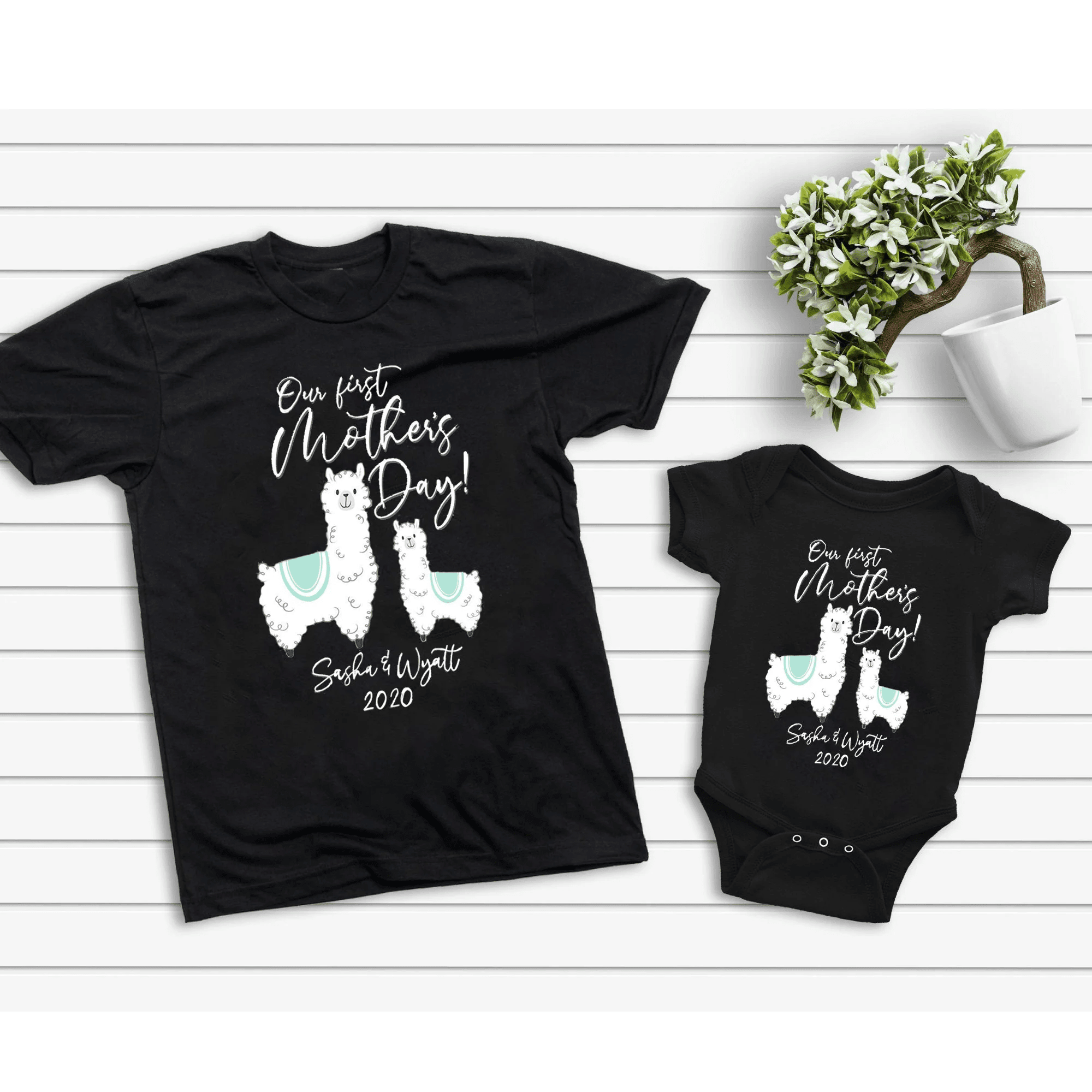 Personalized Our First Mothers Day Llama Mom And Baby Matching Shirts