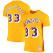Men's Mitchell & Ness Kareem Abdul-Jabbar Gold Los Angeles Lakers Hardwood Classics Stitch Name & Number T-Shirt