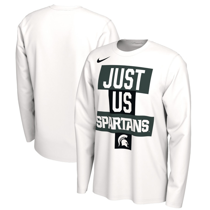 Men's Nike White Michigan State Spartans 2021 Postseason Basketball JUST US Bench Legend Long Sleeve T-Shirt