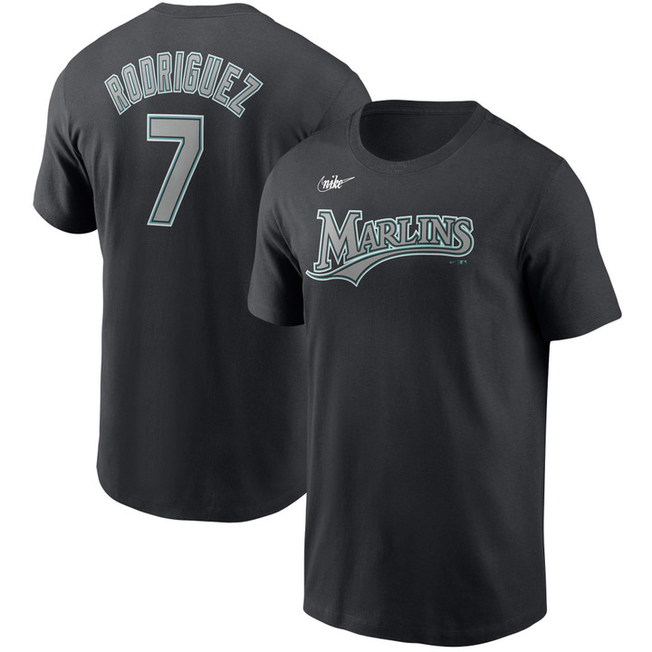 Men's Nike Ivan Rodriguez Black Florida Marlins Cooperstown Collection Name & Number T-Shirt