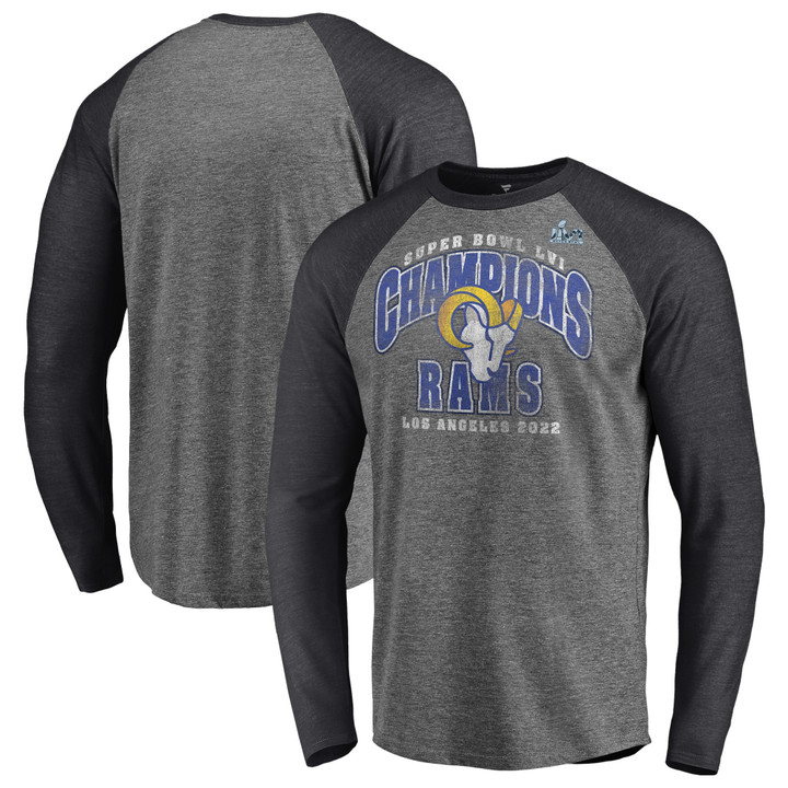Men's Fanatics Branded Heathered Gray/Heathered Charcoal Los Angeles Rams Super Bowl LVI Champions Classic Vintage Long Sleeve T-Shirt