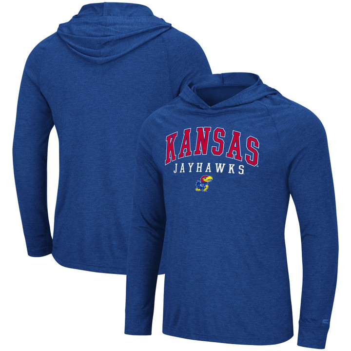 Men's Colosseum Heathered Royal Kansas Jayhawks Campus Long Sleeve Hooded T-Shirt