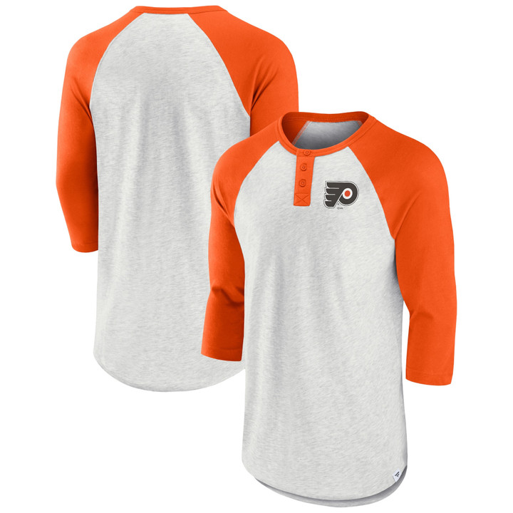 Men's Fanatics Branded Ash/Orange Philadelphia Flyers True Classics Better Believe Raglan Henley Three-Quarter Sleeve T-Shirt