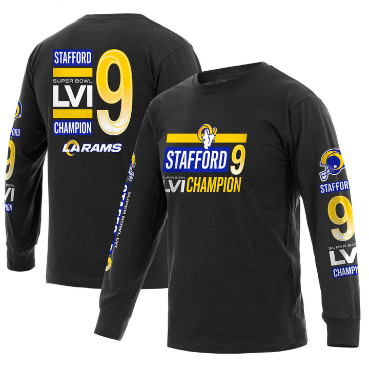 Men's Fanatics Branded Matthew Stafford Black Los Angeles Rams Super Bowl LVI Champions Player Name & Number Long Sleeve T-Shirt