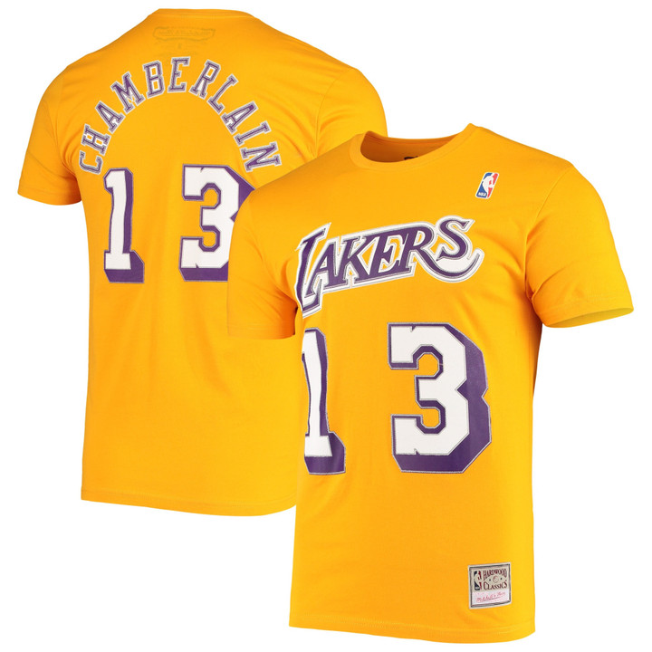 Men's Mitchell & Ness Wilt Chamberlain Gold Los Angeles Lakers Hardwood Classics Stitch Name & Number T-Shirt