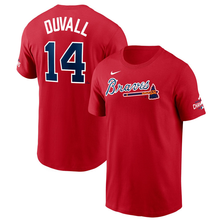 Men's Nike Adam Duvall Red Atlanta Braves 2021 World Series Champions Player Name & Number T-Shirt