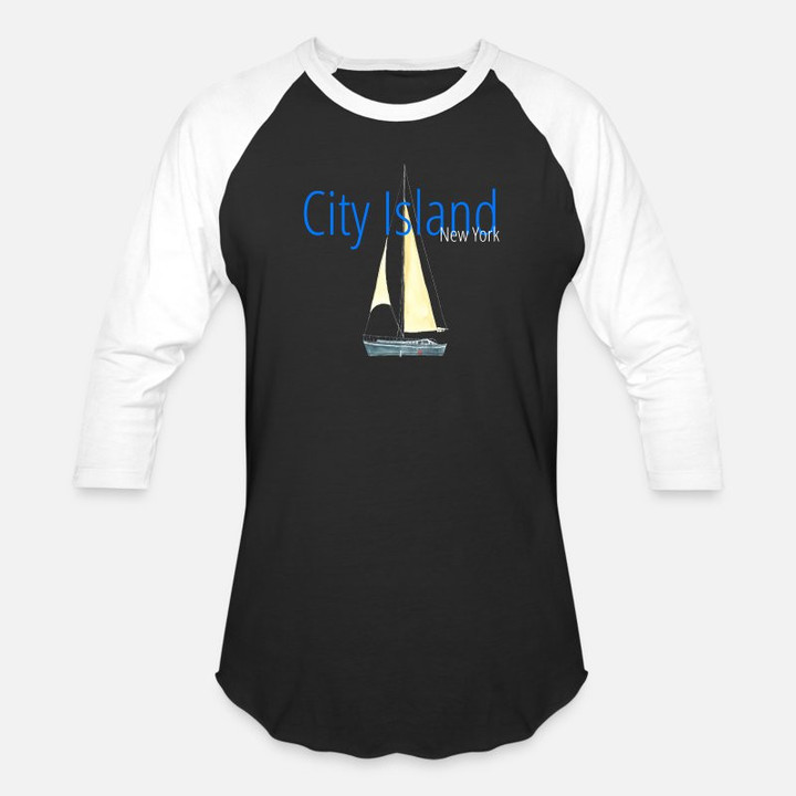 Unisex Baseball T-Shirt City Island New York Sailboat Design