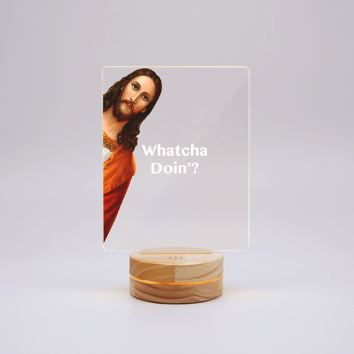 Jesus "Whatcha Doin'?" ( Led Lamps, Vinyl Stickers, Shirts, Hoodies, Cups, Mugs, Totes, Handbags)