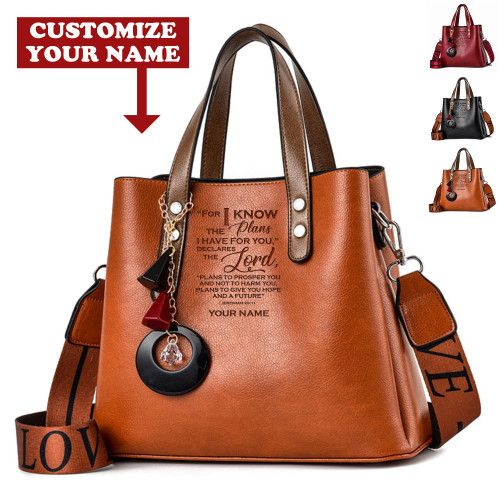 For I Know The Plans Jeremiah 29:11 NIV Personalized God Jesus Christ Christians Christianity Bible Luxury Leather Women Handbag Purse Tote Bag
