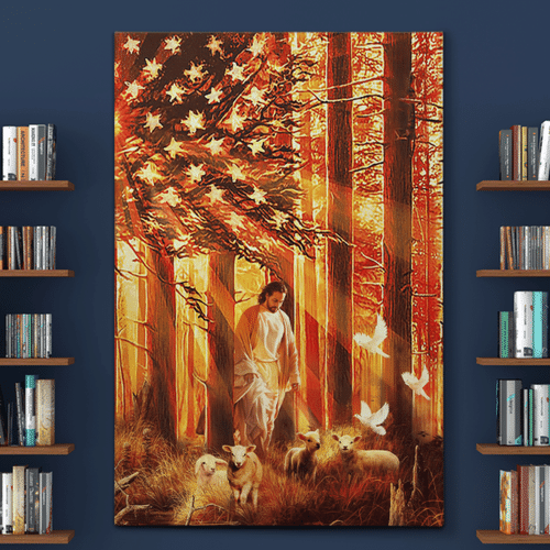 Jesus And Lamp America Christs Christians Flags Canvases Posters Pictures Puzzles Quilts Blankets Shower Curtains