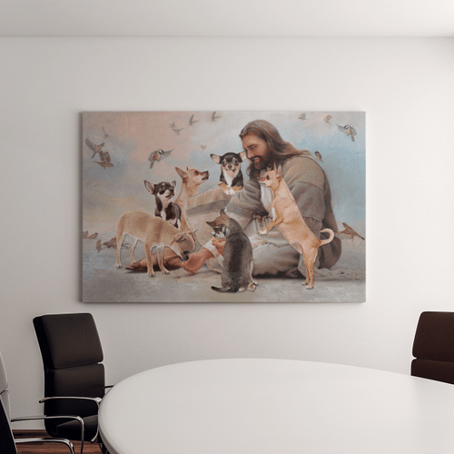 Jesus And Chihuahua Dogs (Jesus - Christs - Christians, Canvases, Pictures, Puzzles, Posters, Quilts, Blankets)