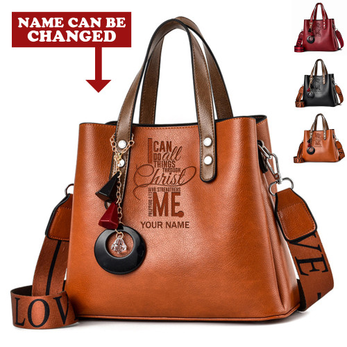 I Can Do All Things Through Christ Philippians 4:13 NKJV Personalized God Jesus Christ Christians Christianity Bible Luxury Leather Women Handbag Purse Tote Bag