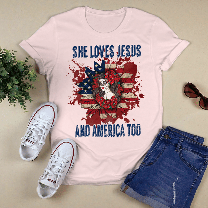 She Loves Jesus And America Too (Jesus - Christs - Christians, Vinyl Stickers, Shirts, Hoodies, Cups, Mugs,Totes, Handbags)