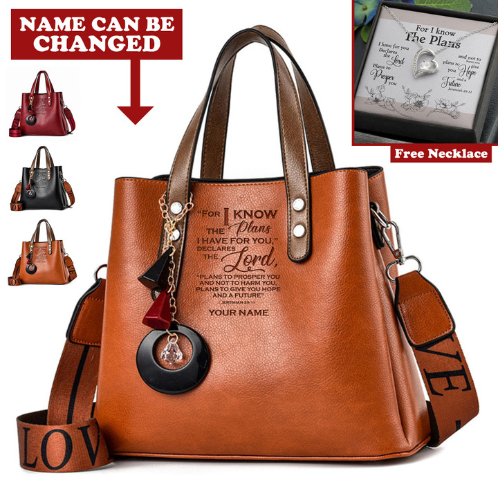 For I Know The Plans Jeremiah 29:11 NIV Personalized God Jesus Christ Christians Christianity Bible Luxury Leather Women Handbag Purse Tote Bag With Free Necklace