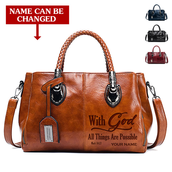 With God All Things Are Possible Mark 10:27 Personalized God Jesus Christ Christians Christianity Bible Vintage Spacious Leather Bag Purse Tote Bag