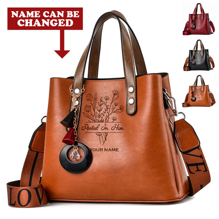Rooted In Him Colossians 2:7 Personalized God Jesus Christ Christians Christianity Bible Luxury Leather Women Handbag Purse Tote Bag