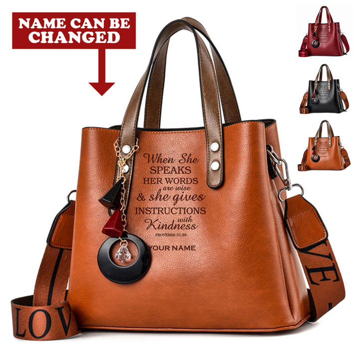 She Gives Instructions With Kindness Proverbs 31:26 Personalized God Jesus Christ Christians Christianity Bible Luxury Leather Women Handbag Purse Tote Bag