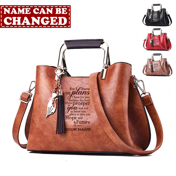 For I Know The Plans Jeremiah 29:11 NIV Personalized God Jesus Christ Christians Christianity Bible 05 New Catty Deluxe Leather Purse Handbag Purse Tote Bag