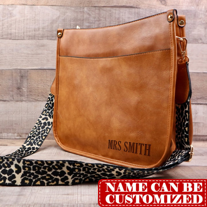 Personalized Name Vegan Leather Crossbody Purse with Leopard Guitar Strap Leather Handbag For Fall