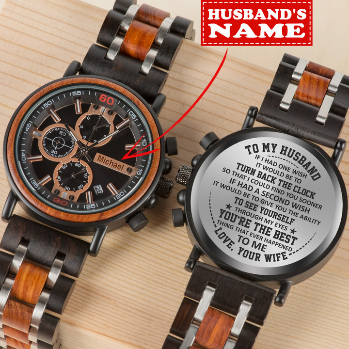 Personalized Name To My Husband 01 and Engraved Message On The Back Wooden Watch