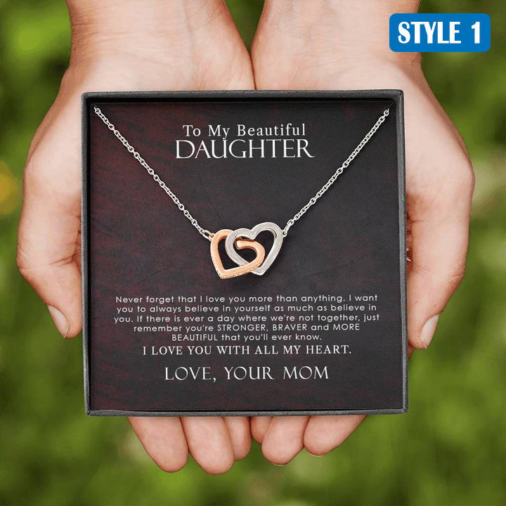 To My Beautiful Daughter Gift From Mom - Interlocking Hearts Necklace With Message Card